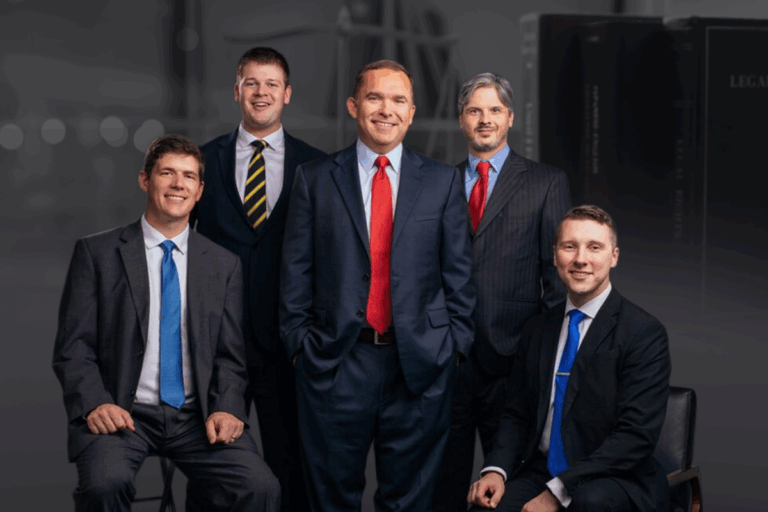 Five professional men in suits smiling, posed against a blurred background with books.